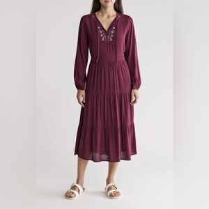 Beachlunchlounge Burgundy Damara Long Sleeve Bohemian Midi‎ Dress